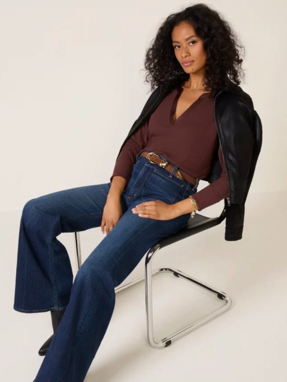 NWT Evereve Bex Split Neck Modal Blend Ribbed Long Sleeve Top Staple Brown M - Picture 3 of 10